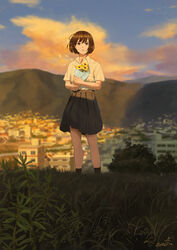  ankle_socks black_skirt black_socks bob_cut bouquet brown_eyes brown_hair city cloud cloudy_sky commentary facing_viewer female flower grass highres holding holding_bouquet holding_flower mountain original outdoors papi_(papiron100) parted_lips pleated_skirt school_uniform shirt short_hair short_sleeves signature skirt sky socks solo sunset white_shirt yellow_flower 