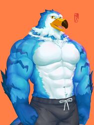  abs animal_crossing anthro avian beak biceps bird black_bottomwear black_clothing black_pants blue_body bottomwear clothed clothing deltoids fist hi_res ixkouu looking_at_viewer male multicolored_body muscular muscular_anthro muscular_male navel nintendo open_mouth orange_background pants pecs pierce_(animal_crossing) portrait simple_background solo three-quarter_portrait topless white_body 