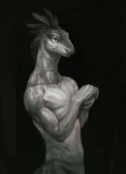  anthro biped black_background clothed clothing digital_media_(artwork) feathers fingers greyscale hi_res klongi lizard male monochrome muscular muscular_male reptile scalie simple_background solo standing 