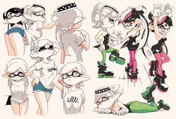  +_+ 2girls bare_arms bare_shoulders black_dress black_footwear black_hair black_jumpsuit blue_shorts bow-shaped_hair callie_(splatoon) closed_eyes cousins detached_collar dress earrings food food_on_head gloves green_legwear green_pantyhose half_updo inkling jewelry jumpsuit marie_(splatoon) mole mole_under_eye multiple_girls multiple_views object_on_head pantyhose pink_legwear pointy_ears print_shirt shirt shoes short_jumpsuit short_shorts short_sleeves shorts splatoon_(series) suction_cups swept_bangs tentacle_hair twintails upshirt white_gloves white_hair white_shirt yellow_eyes yuta_agc 