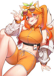  absurdres animal_ear_fluff animal_ears arm_support arm_up bare_shoulders breasts brown-tinted_eyewear commission crop_top eyewear_on_head female fox_ears fox_girl fox_tail hair_between_eyes highres iznal jacket kitsune large_breasts long_hair long_sleeves midriff navel off_shoulder one_side_up open_clothes open_jacket orange_hair orange_shirt orange_shorts original puffy_long_sleeves puffy_sleeves red_eyes shirt short_shorts shorts simple_background sleeveless sleeveless_shirt solo sunglasses tail tinted_eyewear white_background white_jacket 