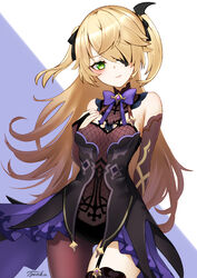  arm_behind_back artist_name black_bodysuit black_dress black_gloves black_ribbon black_thighhighs blonde_hair blue_background blush bodysuit bow bowtie breasts bridal_gauntlets closed_mouth commentary cowboy_shot dress embarrassed eyepatch female fischl_(genshin_impact) fishnets garter_straps genshin_impact gloves gold_trim green_eyes hair_between_eyes hair_over_one_eye hair_ribbon hand_on_own_chest highres lips long_hair looking_at_viewer medium_breasts one_eye_covered purple_bow purple_bowtie ribbon signature simple_background single_leg_pantyhose single_thighhigh solo thigh_gap thighhighs thighs two-tone_background two_side_up tyenka7728 white_background wing_hair_ornament 