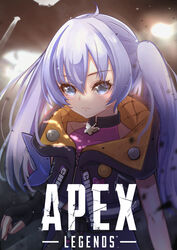  absurdres apex_legends black_gloves black_jacket blue_eyes blue_hair collarbone female fingerless_gloves gloves halterneck highres jacket kuromiz logo long_hair nijisanji solo twintails virtual_youtuber yuuki_chihiro 