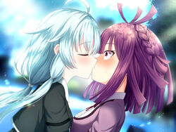  2girls ahoge antenna_hair black_jacket blue_background blue_hair blunt_bangs blunt_ends blurry blurry_background blush braid center_frills closed_eyes collared_jacket collared_shirt cropped_jacket daito_academy_school_uniform frilled_shirt frills from_side highres jacket kissing layered_sleeves light_blue_hair long_hair long_sleeves low-tied_sidelocks magia_record:_mahou_shoujo_madoka_magica_gaiden mahou_shoujo_madoka_magica medium_hair mizuna_girls&#039;_academy_school_uniform multiple_girls neck_ribbon portrait profile purple_eyes purple_hair purple_ribbon purple_shirt ribbon sarasa_hanna school_uniform sena_mikoto shirt shirt_under_shirt short_over_long_sleeves short_sleeves side_braid sidelocks suzugahama sweat white_shirt wide-eyed yuri 