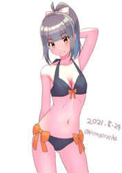  bikini black_bikini breasts brown_eyes cleavage contrapposto cowboy_shot dated female grey_hair highres kantai_collection long_hair looking_at_viewer ponytail porupurucha simple_background small_breasts solo standing swimsuit twitter_username white_background yuubari_(kancolle) yuubari_kai_ni_(kancolle) yuubari_kai_ni_(swimsuit_mode)_(kancolle) 