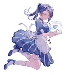  aiba_uiha apron ascot blue_bow blue_choker blue_eyes blue_footwear blue_theme bow choker female hair_behind_ear hairbow high_heels highres ice ice_cube looking_down maid_apron nekome_toworu nijisanji ponytail puffy_sleeves sample_watermark smile solo virtual_youtuber watermark white_ascot 