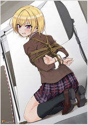  angry arms_behind_back backdrop black_socks blazer blonde_hair blush bondage bondage bound bound_arms bound_wrists bracelet brown_footwear brown_jacket clenched_hand commentary curtains dress_shirt dutch_angle embarrassed female from_behind glaring hair_between_eyes idolmaster idolmaster_shiny_colors indian_style jacket jewelry kneehighs kneeling lights loafers long_sleeves looking_at_viewer looking_back oerba_yun_fang photo_shoot plaid plaid_skirt purple_eyes purple_skirt restrained rope saijo_juri school_uniform scowl sharpffffff shirt shoes short_hair sitting skirt socks solo white_shirt 