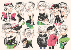  +_+ 2girls arm_up bare_arms bare_shoulders black_dress black_footwear black_hoodie black_jumpsuit black_leotard bow-shaped_hair breasts callie_(splatoon) cleavage closed_eyes cousins detached_collar drawstring dress food food_on_head gloves green_legwear green_pantyhose half_updo hood hoodie index_finger_raised inkling jumpsuit leotard marie_(splatoon) medium_breasts middle_finger mole mole_under_eye multiple_girls multiple_views object_on_head one_eye_closed open_mouth pantyhose pink_legwear shoes short_dress short_jumpsuit splatoon_(series) suction_cups swept_bangs tan_background tentacle_hair tongue tongue_out twintails white_gloves yellow_eyes yuta_agc 