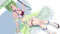  alternate_breast_size armband bikini blush breasts cait_aron cleavage closed_mouth collarbone commentary dutch_angle female fire_emblem fire_emblem:_the_sacred_stones fire_emblem_heroes flower frilled_armband frills gradient_clothes green_eyes green_hair green_sarong hair_flower hair_ornament highres holding holding_umbrella l&#039;arachel_(fire_emblem) l&#039;arachel_(summer)_(fire_emblem) large_breasts long_hair looking_at_viewer official_alternate_costume parasol sandals sarong see-through see-through_sarong shadow smile solo swimsuit toes umbrella white_background white_bikini 