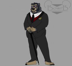  2020 anthro bear beard black_body black_fur black_nose bottomwear bowrb_(character) bowrbbear clothing eyewear facial_hair fur glasses humanoid_hands male mammal necktie pants shirt simple_background slightly_chubby solo topwear 