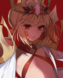  bikini blonde_hair braid breasts criss-cross_halter crown elbow_gloves facial_mark fate/grand_order fate_(series) female french_braid gloves gold_crown hair_bun hair_intakes hair_ribbon halterneck highres long_hair looking_at_viewer nero_claudius_(fate) open_clothes parted_bangs pointed_crown pointy_ears queen_draco_(fate) queen_draco_(second_ascension)_(fate) red_bikini red_eyes red_ribbon ribbon robe single_glove small_breasts solo swimsuit uxco0 white_gloves white_robe 