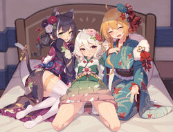  3girls absurdres ahoge animal_ear_fluff animal_ears animal_print antenna_hair back_bow bed black_hair black_kimono blush bow braid breasts butterfly_print cat_ears cat_girl cat_tail closed_eyes elf embarrassed floral_print flower frilled_kimono frills full_body green_eyes green_kimono hair_between_eyes hair_bun hair_flower hair_ornament hair_stick highres japanese_clothes kanzashi karyl_(new_year)_(princess_connect!) karyl_(princess_connect!) kimono kneeling kokkoro_(new_year)_(princess_connect!) kokkoro_(princess_connect!) large_breasts long_hair looking_at_viewer miko multicolored_hair multiple_girls obi oerba_yun_fang on_bed onigiri_ornament open_mouth orange_hair outstretched_hand pecorine_(new_year)_(princess_connect!) pecorine_(princess_connect!) pink_eyes pointy_ears princess_connect! print_kimono sash sgt-jz short_hair side_braid single_hair_bun sitting skin_fang smile socks streaked_hair tabi tail tail_ornament tassel thigh_strap thighhighs thighs two-tone_hair two-tone_kimono white_hair white_kimono white_thighhighs wide_sleeves yokozuwari 