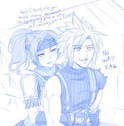  1boy armor blue_theme blush cloud_strife double_entendre english_text female final_fantasy final_fantasy_vii final_fantasy_vii_remake fingerless_gloves flirting gloves headband highres hug hug_from_behind jessie_rasberry meme monochrome no_way_fag_(meme) parody photoshop_(medium) ponytail rejection seductive_smile smile spiked_hair straight upper_body viperxtr wide-eyed 