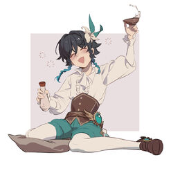  1boy alcohol bard black_hair blue_hair blush bottle braid brown_footwear chinese_commentary closed_eyes commentary_request corset cup drunk flower fridaynightcat frilled_sleeves frills genshin_impact gradient_hair green_shorts hair_flower hair_ornament highres juliet_sleeves loafers long_sleeves male_focus multicolored_hair open_mouth pantyhose puffy_sleeves sakazuki sake sake_bottle shirt shoes short_hair_with_long_locks shorts sitting smile solo squeans tokkuri twin_braids venti_(genshin_impact) wariza white_flower white_pantyhose white_shirt 