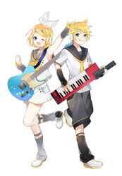  1boy absurdres arm_up arm_warmers bare_shoulders black_sailor_collar black_shorts blonde_hair blue_eyes bow commentary crop_top electric_guitar female fender_telecaster fortissimo full_body grey_sailor_collar grey_sleeves grin guitar hair_ornament hairbow hairclip headphones heart highres holding holding_instrument instrument kagamine_len kagamine_len_(vocaloid4) kagamine_rin kagamine_rin_(vocaloid4) keytar leg_warmers looking_at_viewer miniskirt music nail_polish neckerchief necktie official_art omutatsu one_eye_closed open_mouth outstretched_arm playing_instrument pleated_skirt sailor_collar school_uniform see-through see-through_sleeves shirt short_hair short_ponytail short_sleeves shorts skirt sleeveless sleeveless_shirt smile spiked_hair standing star_(symbol) star_hair_ornament suspenders swept_bangs v4x vocaloid vocaloid_boxart_pose white_background white_bow white_footwear white_shirt white_skirt yellow_nails yellow_neckerchief yellow_necktie 