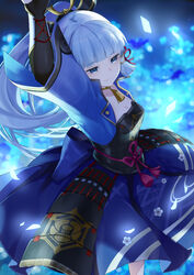  arm_guards arm_up armor armored_dress black_gloves blue_dress blue_eyes blue_hair blunt_bangs blurry blurry_background breastplate breasts cleavage closed_mouth commentary dancing dress feet_out_of_frame female floral_print flower_knot folding_fan from_above genshin_impact gloves hair_tubes hand_fan headpiece highres holding holding_fan japanese_armor kamisato_ayaka kamisato_clan_(emblem) light_blue_hair light_particles long_hair medium_breasts mole mole_under_eye ponytail sidelocks smile solo tassel tyenka7728 