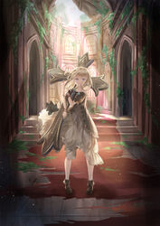  absurdres altar ankle_boots arms_up bad_id bad_pixiv_id bare_shoulders blonde_hair blue_eyes blue_gemstone boots brown_dress brown_footwear church collarbone commentary cross crying crying_with_eyes_open dress expressionless female floating_hair fumizuki_lily gem highres holding holding_cross jewelry large_cross light_particles light_rays looking_at_viewer medium_hair original overgrown pendant puffy_short_sleeves puffy_sleeves red_carpet ribbon ruins short_sleeves solo standing stone_floor strapless strapless_dress sunbeam sunlight tears wide_shot window wrist_ribbon 