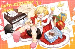  1boy bad_id bad_pixiv_id bandage_over_one_eye bird birthday black_shorts blonde_hair bottle bouquet box cake cape character_name commentary crown cubi_(vocaloid) cup dal_segno_(symbol) drinking_glass english_commentary envelope flower food full_body fur-trimmed_cape fur_trim gift gift_box glass happy_birthday holding holding_cup holding_stuffed_toy instrument james_(vocaloid) juice kneehighs looking_at_viewer male_focus minahoshi_taichi mini_crown mini_piano oliver_(vocaloid) one_eye_covered open_mouth paper piano red_cape scroll sheet_music shirt shorts sitting slippers smile socks striped_clothes striped_footwear stuffed_animal stuffed_rabbit stuffed_toy vocaloid white_shirt wine_glass yellow_eyes 