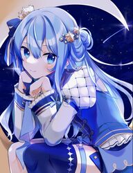  absurdres blue_eyes blue_hair blush comet commentary crescent_moon crown female gloves hair_ornament hair_ribbon highres hololive hoshimachi_suisei hoshimachi_suisei_(stellar_into_the_galaxy) idol juliet_sleeves long_hair long_sleeves looking_at_viewer mini_crown moon o-ring o-ring_thigh_strap official_alternate_costume official_alternate_hair_length official_alternate_hairstyle on_crescent puffy_sleeves ribbon shinomiya_shino_(sinosino141) single_glove single_thighhigh sky smile solo star_(sky) star_(symbol) star_hair_ornament star_in_eye starry_background starry_sky symbol-only_commentary symbol_in_eye thigh_strap thighhighs virtual_youtuber 