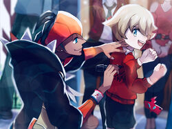  2girls 3boys :d beauty_(pokemon) black_hair black_hoodie black_shorts blue_eyes blurry clenched_hands closed_mouth collared_shirt commentary_request dark-skinned_male dark_skin day dynamax_band earrings fingernails hands_up headband highres holding holding_pen hood hoodie imu_(acmg3475) jewelry lass_(pokemon) lens_flare looking_back multiple_boys multiple_girls open_mouth orange_headband outdoors pen pokemon pokemon_swsh raihan_(pokemon) red_sweater rotom rotom_phone shirt short_hair shorts signature smile sweater teeth tongue undercut upper_teeth_only white_shirt writing youngster_(pokemon) 