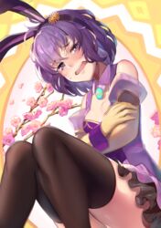  adapted_costume ahoge animal_ears bernadetta_von_varley black_thighhighs blush branch breasts cleavage commentary crossed_arms easter_egg egg elbow_gloves embarrassed fake_animal_ears female fire_emblem fire_emblem:_three_houses flower frilled_skirt frills gloves hair_between_eyes hairband looking_at_viewer miniskirt open_mouth panda_inu pink_skirt playboy_bunny purple_eyes purple_hair rabbit_ears short_hair sitting skirt small_breasts solo sweat sweatdrop tears thighhighs thighs wrist_cuffs yellow_gloves 