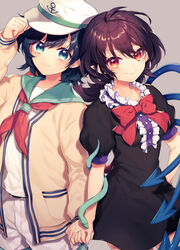  2girls :&gt; anchor asymmetrical_wings beige_jacket belt belt_buckle black_belt black_dress black_hair blue_wings blush breasts brown_hair buckle buttons center_frills closed_mouth commentary_request commission dress eyelashes frills green_eyes grey_background hand_on_headwear hat hat_tip highres holding_hands houjuu_nue long_sleeves looking_at_viewer multiple_girls murasa_minamitsu pointy_ears puffy_short_sleeves puffy_sleeves red_eyes red_wings sailor_collar sailor_hat sailor_shirt shirt short_shorts short_sleeves shorts simple_background skeb_commission small_breasts smile snake standing tomobe_kinuko touhou white_shorts wings 