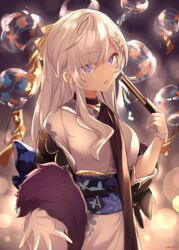  azur_lane belfast_(azur_lane) belfast_(folded_fascination)_(azur_lane) black_choker braid choker female folded_fan folding_fan gloves hair_between_eyes hand_fan highres holding holding_fan japanese_clothes kimono looking_at_viewer official_alternate_costume purple_eyes solo vayneeeee white_gloves white_hair white_kimono 