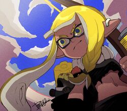  agent_3_(splatoon_3) asymmetrical_hair blonde_hair blue_pupils blue_sky bow_(weapon) braid breasts closed_mouth cloud day earpiece eyebrow_cut female frown green_eyes inkling inkling_girl inkling_player_character isamu-ki_(yuuki) long_hair medium_breasts navel no_bra outdoors pointy_ears salmonid sky smallfry_(splatoon) splatoon_(series) splatoon_3 squidbeak_splatoon suction_cups tentacle_hair torn_clothes tri-stringer_(splatoon) underboob v-shaped_eyebrows weapon 