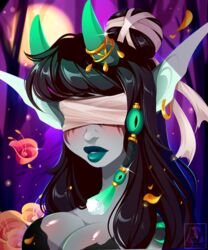  2022 black_hair clothed clothing dark_elf detailed_background digital_media_(artwork) ear_piercing ear_ring elf forest hair horn humanoid lineless night outside pacevanrign piercing plant ring_piercing solo tree 