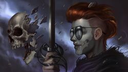  absurdres aviator_sunglasses black_cloak caio_santos cloak facepaint female gideon_nav gideon_the_ninth highres holding holding_sword holding_weapon necromancer portrait rapier red_hair skull sky solo sunglasses sword the_locked_tomb undercut weapon 