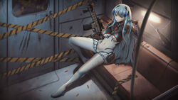  armored_bodysuit assault_rifle black_bodysuit blunt_bangs bodysuit breasts commentary covered_navel cross_hair_ornament female girls&#039;_frontline green_eyes grey_hair gun h&amp;k_hk416 hair_ornament highres hip_gear hk416_(girls&#039;_frontline) hk416_(midnight_evangelion)_(girls&#039;_frontline) indoors large_breasts long_hair magazine_(weapon) multicolored_bodysuit multicolored_clothes official_alternate_costume persocon93 rifle scope shell_casing sitting solo teardrop_facial_mark teardrop_tattoo weapon white_bodysuit 