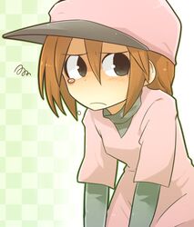  baseball_cap black_eyes blush brown_hair checkered_background dress female frown furrowed_brow gradient_background green_background grey_shirt hair_between_eyes hat jiima_tarou layered_clothes leaning_forward long_sleeves looking_back minna_no_rhythm_tengoku pink_dress pink_hat pitcher_(rhythm_tengoku) rhythm_tengoku shaded_face shirt short_hair short_sleeves slouching solo squiggle tearing_up turtleneck undershirt unhappy upper_body 