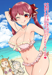  3girls ahoge arm_up armpit_peek beach bikini black_bikini black_headwear blonde_hair blue_sky blush breasts cleavage closed_mouth cloud cloudy_sky collarbone commentary cowboy_shot criss-cross_halter crossed_arms day dragon_horns eyelashes frilled_bikini frills grey_hair groin hair_ribbon halterneck hand_on_own_hip hat highres hololive horns houshou_marine kiryu_coco konboi-eg licking_lips long_hair looking_at_viewer medium_breasts midriff mini_hat multicolored_hair multiple_girls murasaki_shion navel one_eye_closed orange_hair outdoors pink_bikini pose purple_bikini red_eyes red_hair ribbon sky smile solo_focus stomach string_bikini sweatdrop swimsuit thighs tongue tongue_out translated twintails two-tone_hair virtual_youtuber wide-eyed witch_hat 