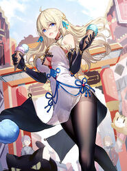  ahoge black_gloves black_pantyhose blonde_hair blue_eyes breasts china_dress chinese_clothes cleavage dress dual_wielding dutch_angle elbow_gloves feet_out_of_frame female food gloves hands_up highres holding ice_cream ice_cream_cone ice_cream_cone_spill large_breasts long_hair looking_at_viewer open_mouth original pantyhose ririko_(zhuoyandesailaer) saegusa_futaba solo standing thighband_pantyhose thighs underboob 