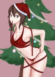  bikini bikini_pull bluff260 blurry blurry_background breasts brown_eyes brown_hair christmas christmas_tree cleavage closed_mouth clothes_pull commentary cowboy_shot female girls_und_panzer hat highres leaning_forward looking_at_viewer medium_hair mouth_hold navel nishizumi_maho o-ring o-ring_bikini pulling_own_clothes red_bikini red_hat red_ribbon ribbon ribbon_in_mouth santa_bikini santa_hat short_hair solo standing swimsuit 