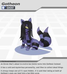  1_eye english_text fakedex fakemon fakeveelution feral gotheon_(mat4265) hair information information_box information_section mat4265 solo species_description text text_box 