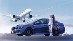  absurdres adidas adidas_forum aircraft airplane airport black_hair blue_eyes blue_hair blue_socks boeing_787 breasts car cloud colored_tips commentary commission female hair_behind_ear highres japan_airlines landing landing_gear long_hair looking_up medium_breasts motor_vehicle multicolored_hair off-shoulder_sweater off_shoulder original outdoors png_pant_(bus) shoes short_shorts shorts skeb_commission sky smoke sneakers socks solo standing subaru_(brand) subaru_impreza sweater vehicle_focus very_long_hair white_sweater wide_shot 