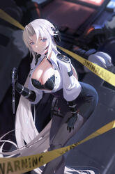  azur_lane bent_over black_bra black_legwear blue_eyes blurry blurry_background blush bra breasts caution_tape cleavage closed_mouth crossed_legs cuffs dutch_angle feet_out_of_frame female gloves hair_intakes hand_on_own_thigh handcuffs headset high-waist_skirt highres kronshtadt_(azur_lane) large_breasts lips looking_at_viewer o-ring pantyhose pencil_skirt police police_uniform policewoman sansan_(dongfangzhong111) skirt thigh_strap underwear uniform watson_cross white_hair 