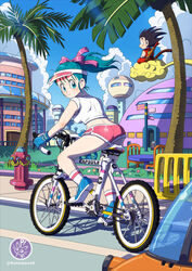  1boy ass bicycle black_hair blue_eyes blue_flower blue_footwear blue_gloves blue_hair blue_sky breasts building bulma_briefs bush chair city closed_mouth cloud cloudy_sky commentary_request crop_top day dragon_ball dragon_ball_(classic) expressionless eyelashes female fence fire_hydrant floating_hair flower flying_nimbus from_behind full_body gloves grass hair_ribbon hat high_ponytail highres house light_rays looking_afar looking_back medium_breasts monkey_tail motor_vehicle norita_(6110885) orange_flower outdoors palm_tree pink_flower pink_headwear pink_ribbon pink_shorts ribbon riding road road_sign ruyi_jingu_bang shadow shoes short_shorts shorts sideboob sidewalk sign signature sitting sky sneakers socks son_goku sunlight table tail tree twitter_username white_flower white_legwear window 