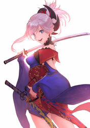  asymmetrical_hair blue_eyes blue_kimono blush breasts commentary earrings fate/grand_order fate_(series) female hair_ornament highres holding holding_sword holding_weapon japanese_clothes jewelry katana kimono large_breasts long_hair miyamoto_musashi_(fate) miyamoto_musashi_(third_ascension)_(fate) obi otsukemono pink_hair ponytail sash sheath sheathed simple_background sleeveless sleeveless_kimono smile solo sword weapon white_background 