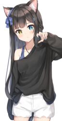  animal_ear_fluff animal_ears arm_up black_hair black_shirt blue_tank_top blush cat_ears cat_girl claw_pose female heterochromia keiran_(ryo170) long_hair nail_polish off_shoulder original ribbon shirt short_shorts shorts sleeves_past_wrists solo tank_top very_long_hair white_background white_shorts 