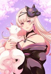  ^_^ absurdres animal bad_id bad_pixiv_id bare_shoulders black_kimono black_nails blonde_hair blunt_bangs breasts cherry_blossoms closed_eyes collarbone commentary_request earrings female fox fox_mask gradient_hair highres holding holding_animal japanese_clothes jewelry kimono kudoukudokudo large_breasts makurano_neena mask mask_on_head mole mole_under_mouth multicolored_hair multiple_tails nail_polish off_shoulder parted_lips petals pink_eyes pink_hair production_kawaii revision single_earring smile solo tail virtual_youtuber 