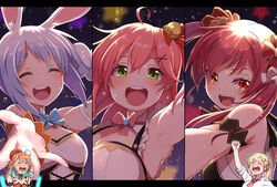  5girls :3 ahoge alternate_costume animal_ears aqua_hair arm_cuffs arm_up armpits bell beret blonde_hair blue_bow blue_hair blush bow bowtie braid breasts cheering chef_hat closed_eyes collage collared_shirt commentary crying earrings feather_earrings feathers gear_hair_ornament glowstick gradient_hair green_eyes hair_bell hair_ornament hat heterochromia highres hololive hololive_english hololive_idol_uniform houshou_marine idol idol_clothes jewelry konboi-eg letterboxed light_blue_hair long_hair looking_at_viewer medium_breasts medium_hair meme mini_hat multicolored_hair multiple_girls necktie official_alternate_costume oota_kuniyoshi_face_(meme) open_mouth orange_eyes orange_hair orange_vest outstretched_hand parody pink_bow pink_hair rabbit_ears rabbit_girl raised_fist red_eyes red_hair red_headwear red_necktie sakura_miko shirt short_hair shouting side_ponytail sleeves_rolled_up smile sweat takanashi_kiara takanashi_kiara_(1st_costume) thick_eyebrows twin_braids twintails two-tone_hair usada_pekora vest virtual_youtuber watson_amelia watson_amelia_(1st_costume) white_hair white_headwear white_shirt wing_collar x_hair_ornament 