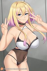  aslindsamure azur_lane bangs banned_artist bare_shoulders black_swimsuit blonde_hair blush breasts choker cleavage collarbone covered_navel double_v female grin hands_up highres large_breasts looking_at_viewer marblehead_(azur_lane) multicolored_hair one-piece_swimsuit purple_hair short_hair short_hair_with_long_locks sidelocks smile solo swimsuit thighs two-tone_hair two-tone_swimsuit v white_swimsuit 