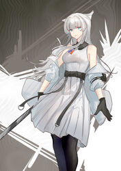  abstract_background absurdres animal_ears arknights arknights:_endfield bare_shoulders belt black_gloves black_legwear blue_eyes blunt_bangs breasts closed_mouth dress feet_out_of_frame gloves grey_dress grey_jacket highres holding jacket long_hair long_sleeves looking_at_viewer medium_breasts naoel_(naoel_art) open_clothes open_jacket pantyhose perlica_(arknights) smile standing white_hair 