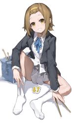  absurdres bag black_jacket blazer blue_ribbon blush collared_shirt commentary drumsticks feet female grey_skirt grin highres jacket k-on! knee_up kneehighs legs looking_at_viewer neck_ribbon no_shoes open_clothes open_jacket pleated_skirt ribbon sakuragaoka_high_school_uniform school_bag school_uniform sentter shirt short_hair simple_background sitting skirt smile socks soles solo tainaka_ritsu toes uniform v white_background white_shirt white_socks winter_uniform 