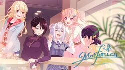  5girls bang_dream! belt black_hair blonde_hair bow breasts closed_eyes commentary_request denim denim_jacket dress futaba_tsukushi hair_ornament hairbow hairclip head_rest highres hiromachi_nanami jacket kirigaya_toko kurata_mashiro large_breasts lips long_hair medium_breasts morfonica multiple_girls necktie official_art open_mouth pink_eyes pink_hair plaid plaid_skirt purple_eyes purple_hair red_eyes ribbed_sweater short_hair skirt small_breasts sweater table turtleneck turtleneck_sweater white_hair yashio_rui 