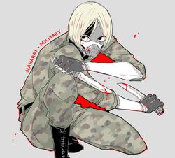  1boy awara_kayu black_eyes black_footwear blonde_hair blood blood_on_weapon camouflage camouflage_jacket camouflage_pants commentary_request fighting_stance foot_out_of_frame grey_background holding holding_knife jacket knife long_sleeves looking_at_viewer male_focus nakarai_keijin on_one_knee pants parted_bangs red_background short_hair simple_background solo tokyo_ghoul tokyo_ghoul:re weapon 