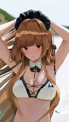  azitama_atsushi_(attyuu) azur_lane bikini black_headband blurry blurry_background breasts brown_hair cleavage cross-laced_bikini cross-laced_clothes female frilled_hairband frills hairband headband highres large_breasts long_hair looking_at_viewer maid maid_bikini mole mole_under_mouth multi-strapped_bikini official_alternate_costume red_eyes royal_navy_emblem_(azur_lane) solo stomach swiftsure_(azur_lane) swiftsure_(midsummer_special_service)_(azur_lane) swimsuit two-tone_bikini unconventional_maid upper_body white_bikini 