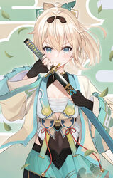  black_gloves blonde_hair blue_eyes chest_sarashi covered_navel cowboy_shot drawing_sword falling_leaves female fingerless_gloves gloves green_skirt hair_between_eyes hair_ornament haori highres holding holding_sword holding_weapon hololive japanese_clothes katana kazama_iroha kazama_iroha_(1st_costume) kiukoma leaf leaf_hair_ornament looking_at_viewer pleated_skirt ponytail sarashi serious sheath skirt solo sword virtual_youtuber weapon 